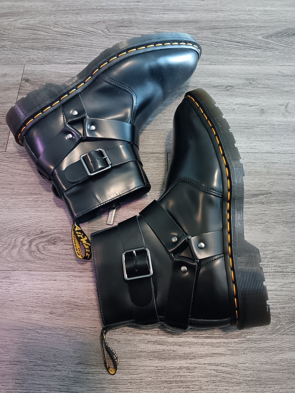 Dr. Martens Jaimes Black Leather Moto Chelsea Boots with Yellow Stitching